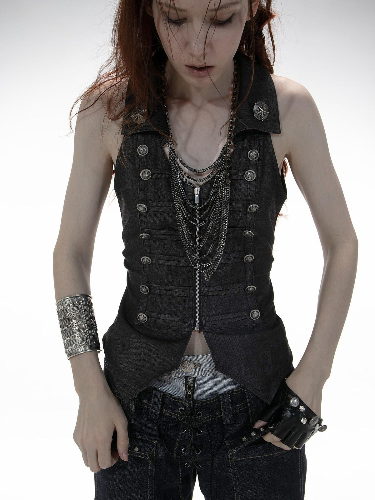 V-neck Lapel Metal Double Row Buttons Zipper Slim Women'S Polyester Vests