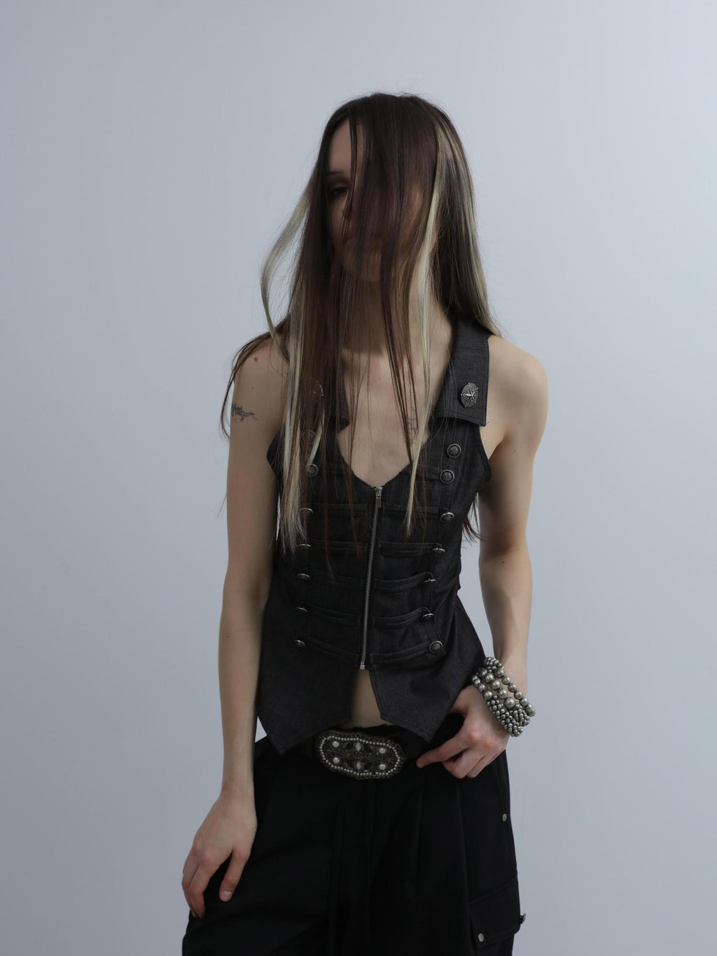 V-neck Lapel Metal Double Row Buttons Zipper Slim Women'S Polyester Vests