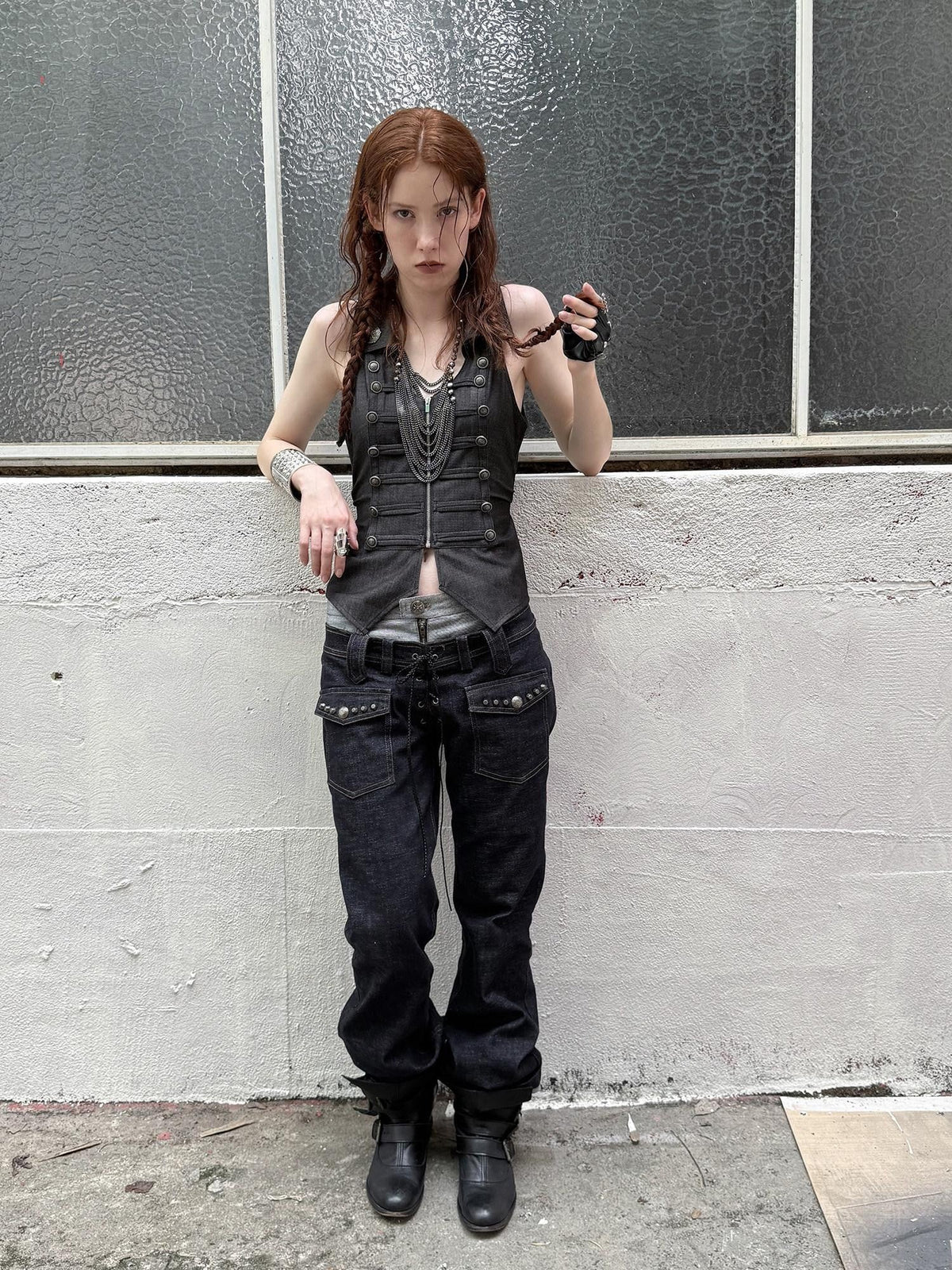 V-neck Vintage Metal Double Row Buttons Slim Waist Women'S Polyester Vests