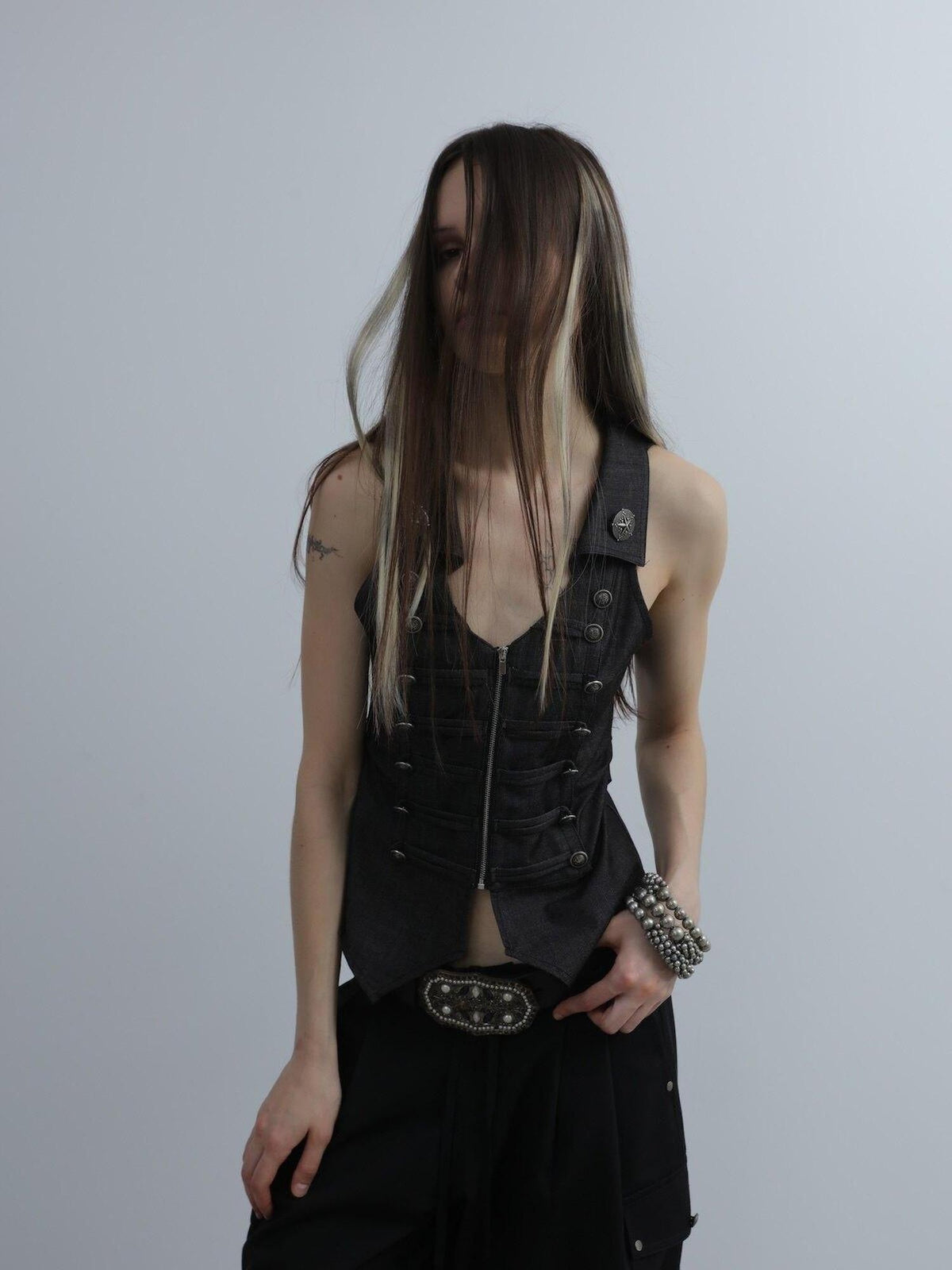 V-neck Vintage Metal Double Row Buttons Slim Waist Women'S Polyester Vests
