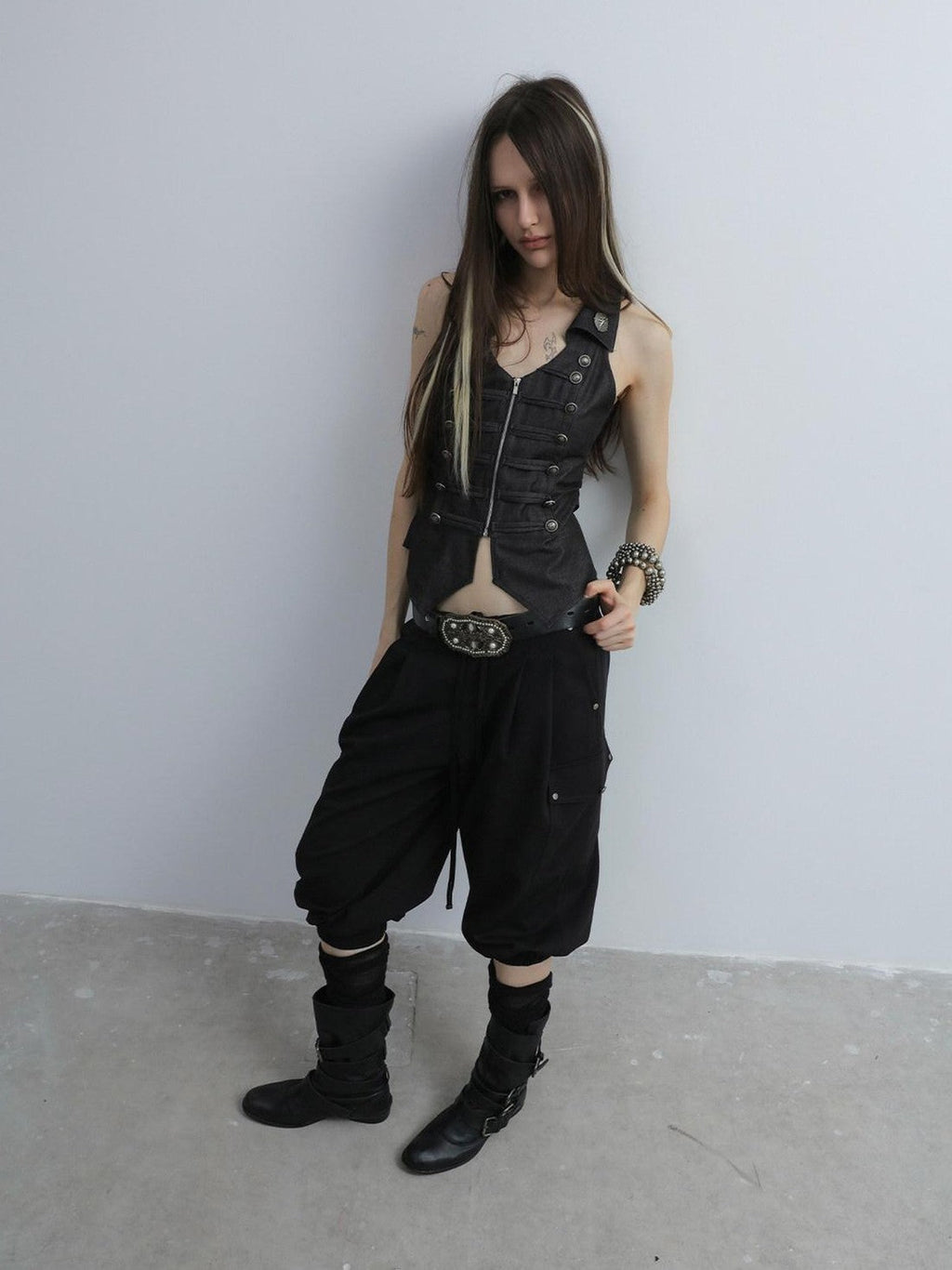 V-neck Vintage Metal Double Row Buttons Slim Waist Women'S Polyester Vests