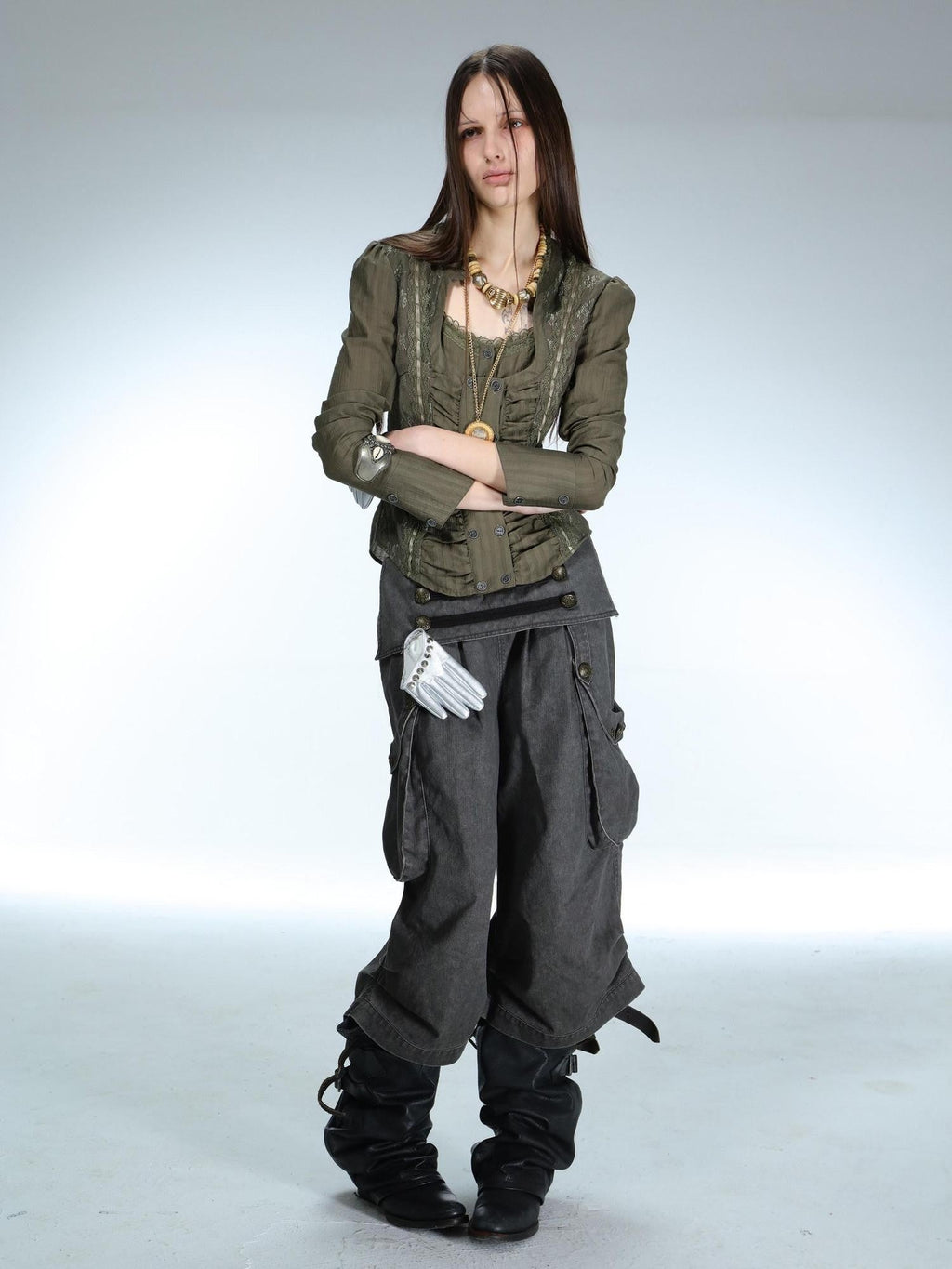 Vintage Low Waist 3D Tailored Zipper Loose Women'S Cotton Cargo Pants