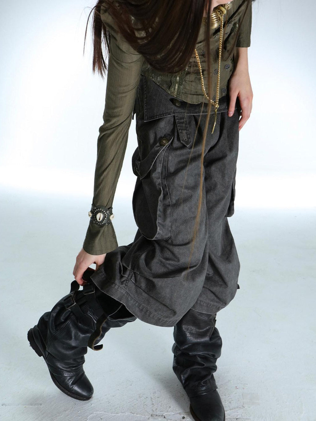 Vintage Low Waist 3D Tailored Zipper Loose Women'S Cotton Cargo Pants