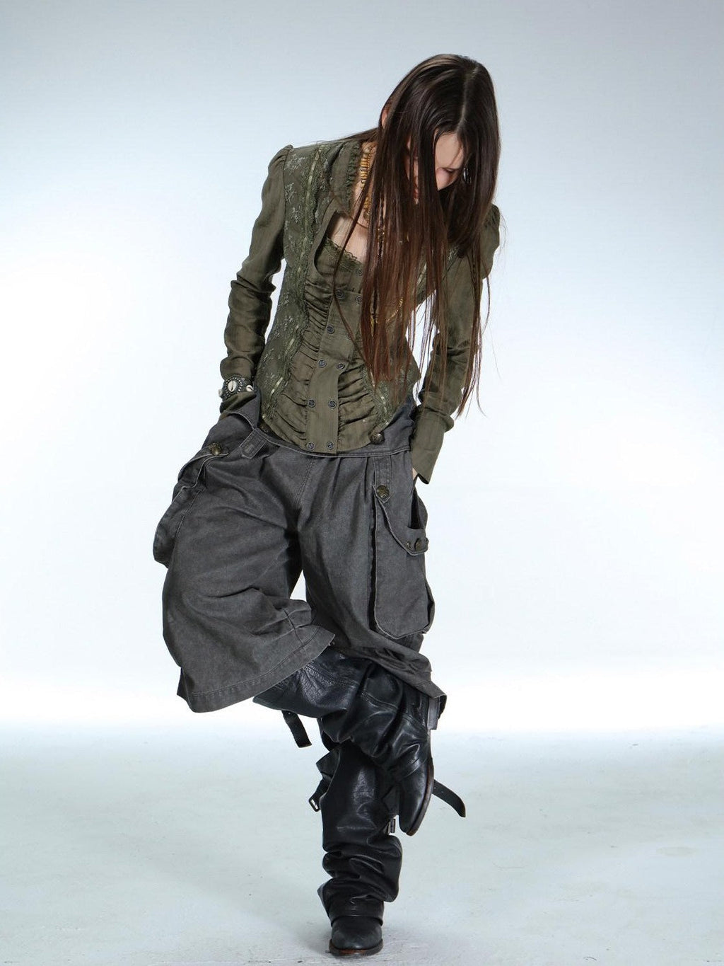 Vintage Low Waist 3D Tailored Zipper Loose Women'S Cotton Cargo Pants