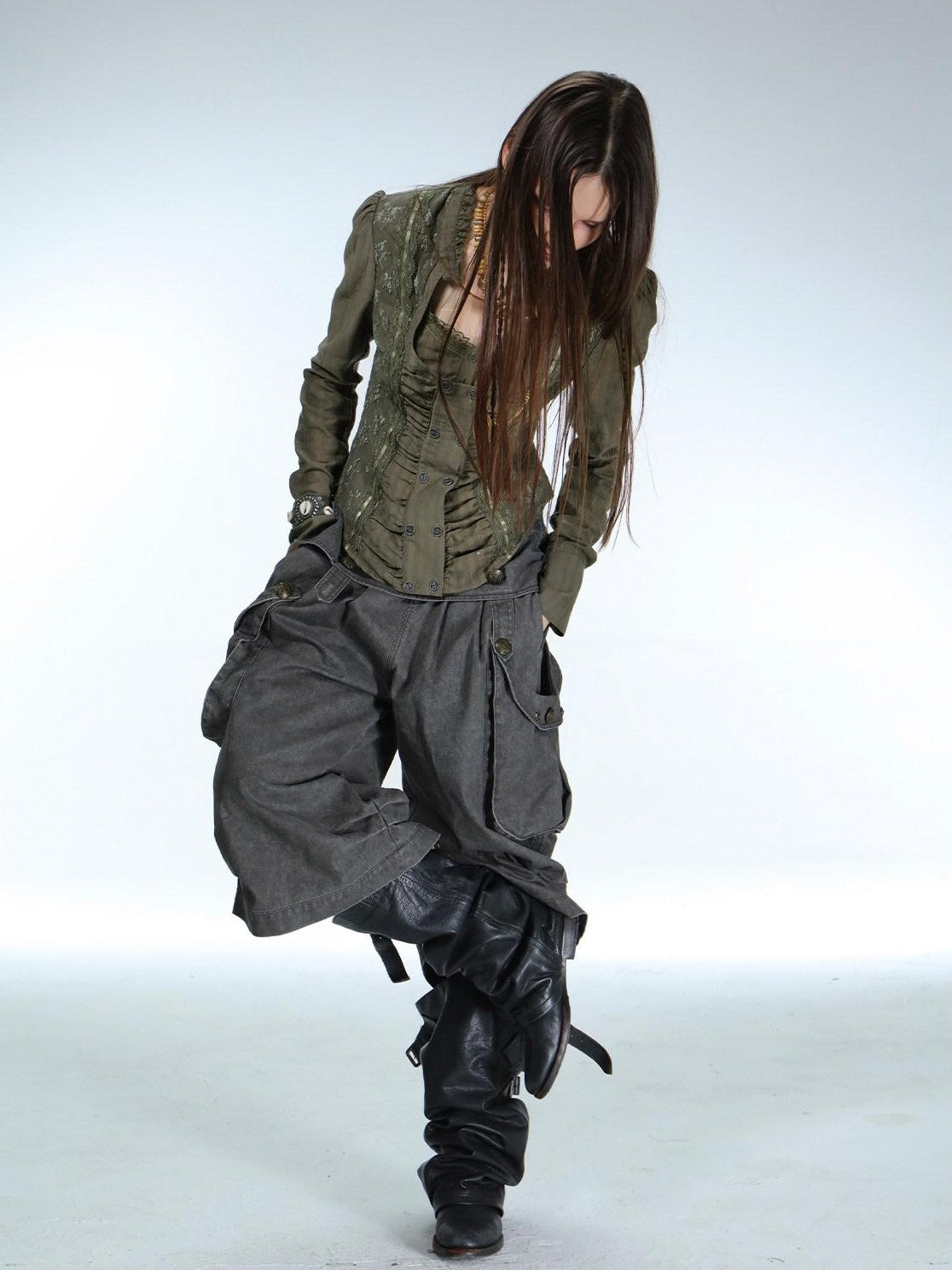 Vintage Low Waist 3D Tailored Zipper Loose Women'S Cotton Cargo Pants