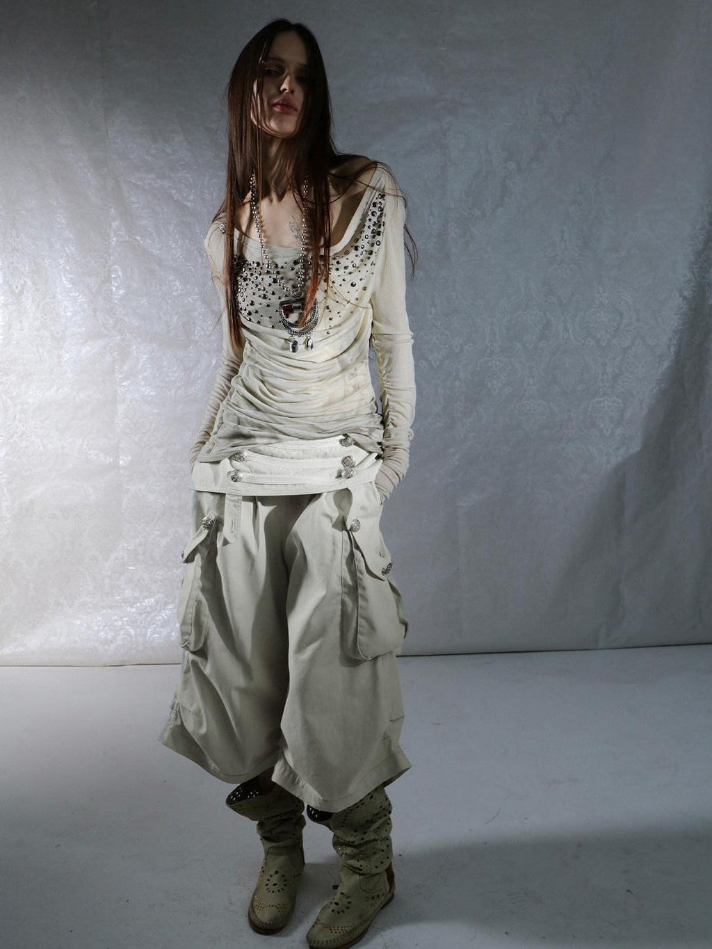 Vintage Low Waist 3D Tailored Zipper Loose Women'S Cotton Cargo Pants