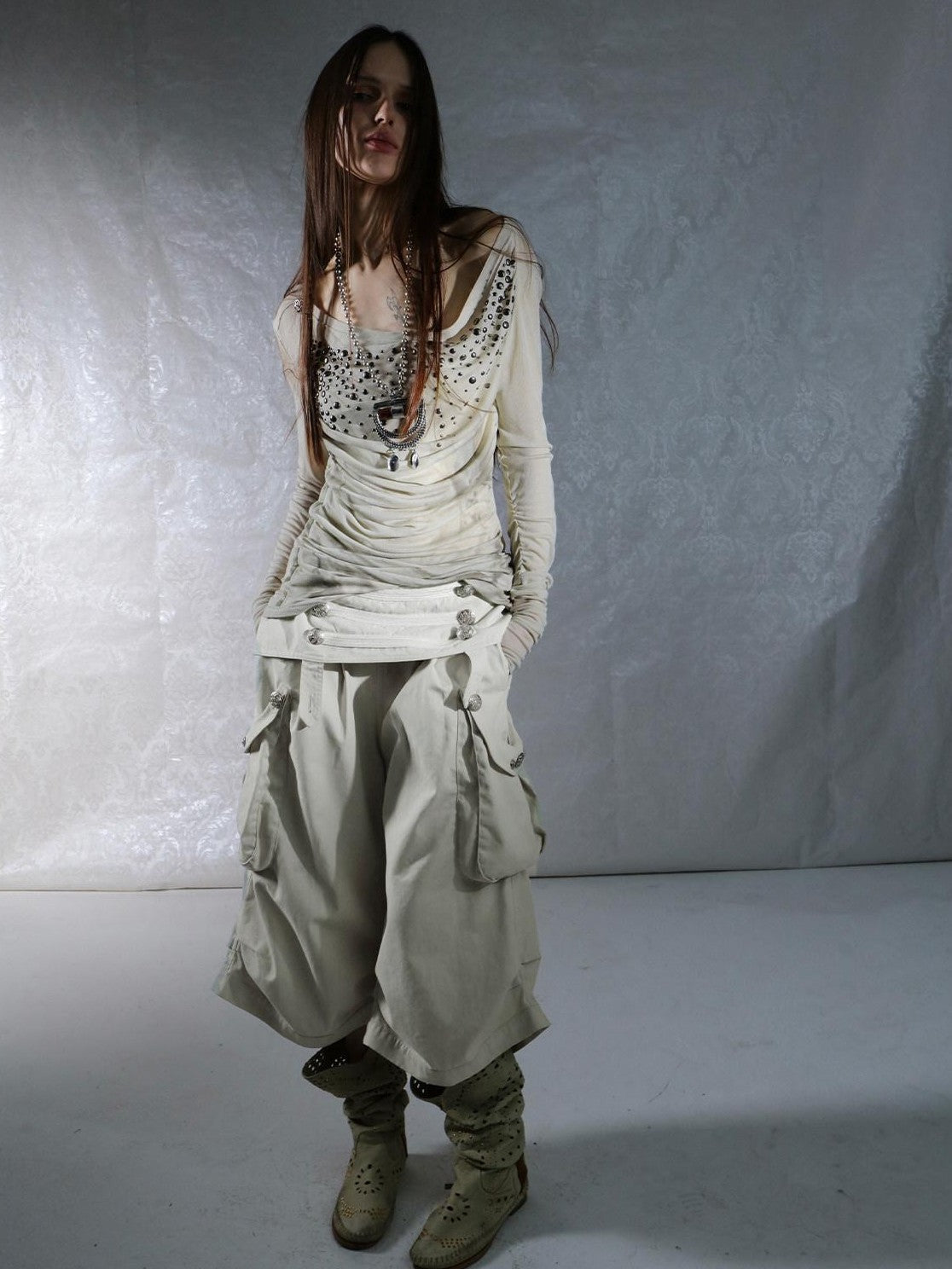 Vintage Low Waist 3D Tailored Zipper Loose Women'S Cotton Cargo Pants