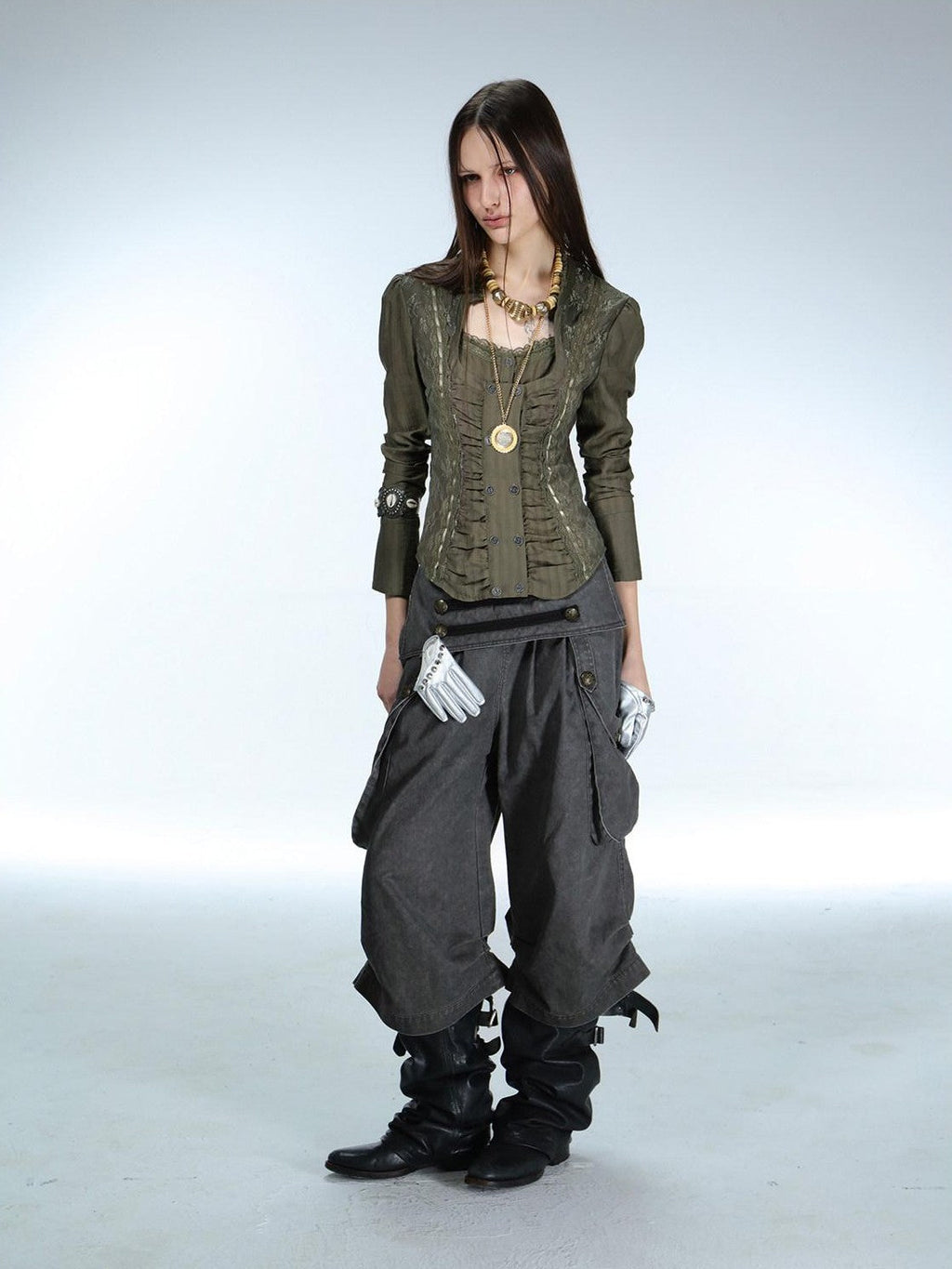Vintage Low Waist 3D Tailored Zipper Loose Women'S Cotton Cargo Pants