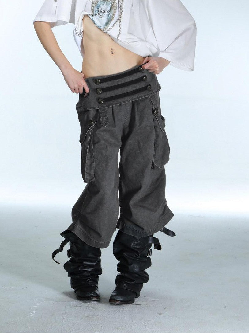 Vintage Low Waist 3D Tailored Zipper Loose Women'S Cotton Cargo Pants