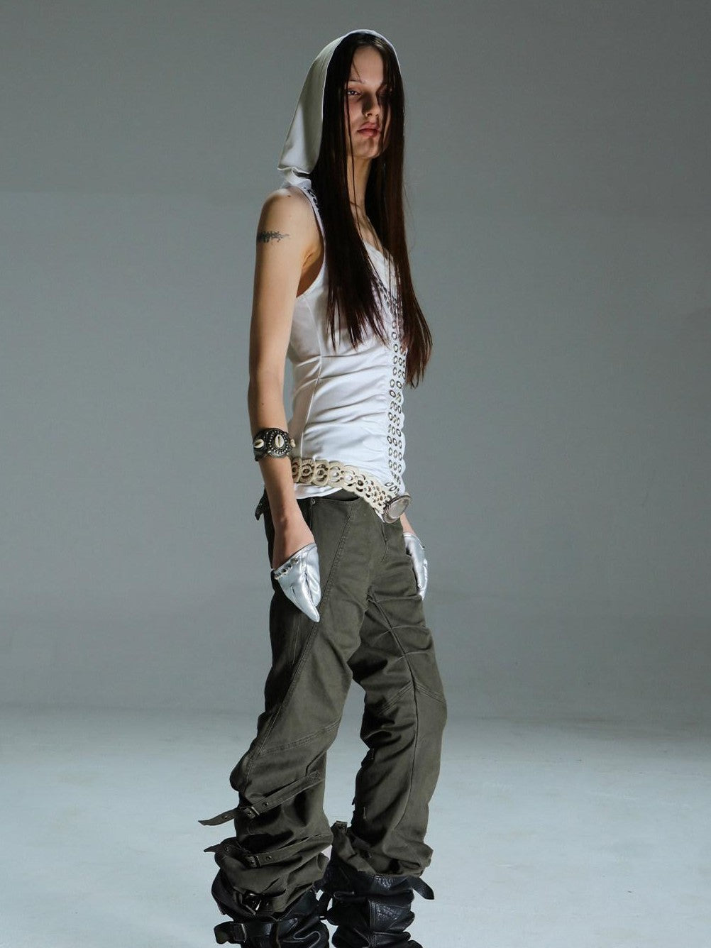 Washed Sculpted Knife Cut Utility Button Fly Women'S Cotton Stretch Chinos