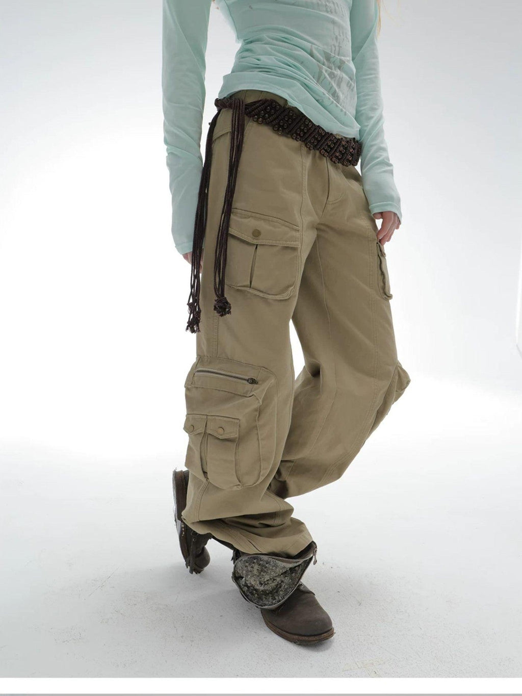 Washed Utility Pocket Straight Leg Techwear Women's Cotton Cargo Pants
