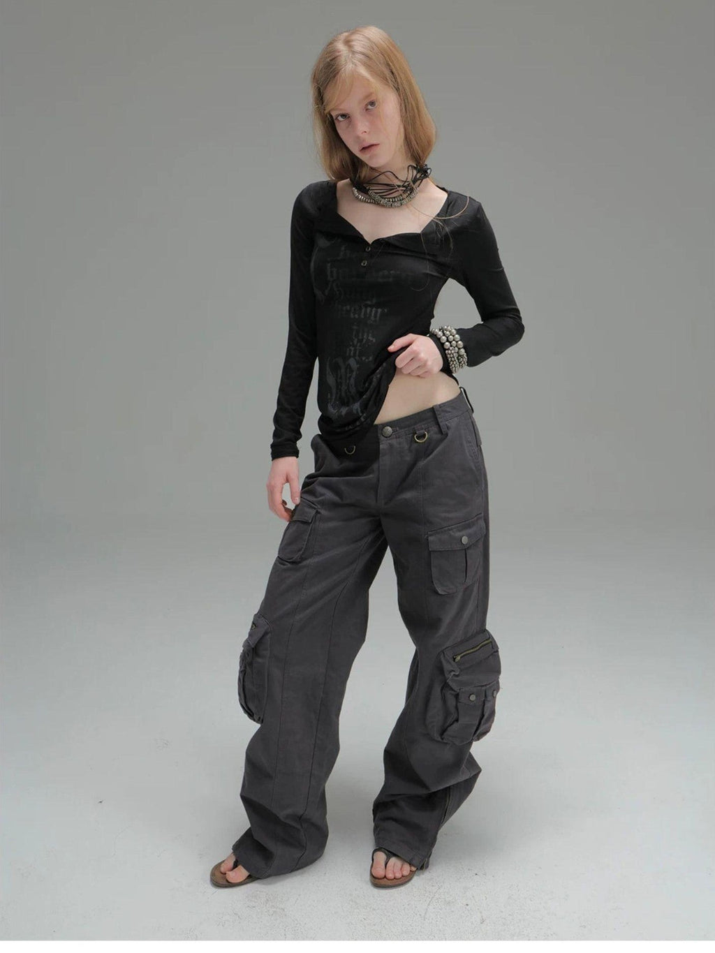 Washed Utility Pocket Straight Leg Techwear Women's Cotton Cargo Pants
