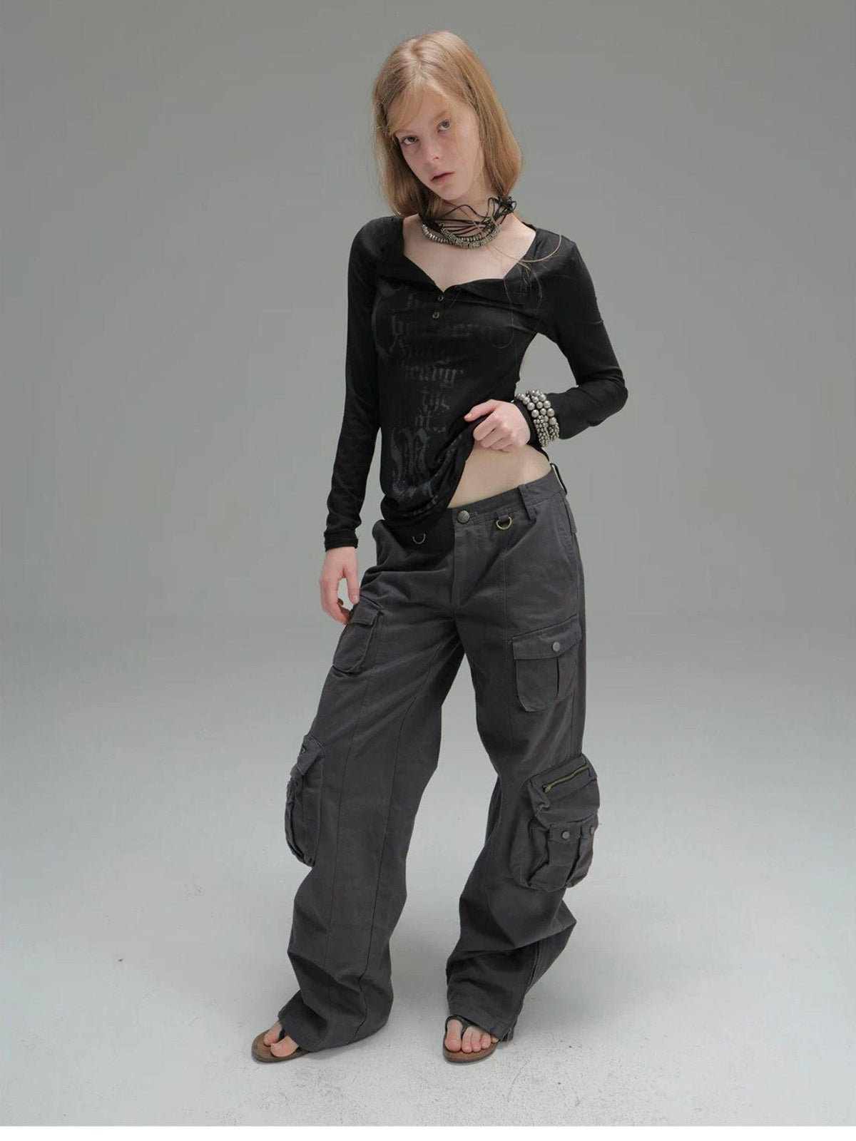 Washed Utility Pocket Straight Leg Techwear Women's Cotton Cargo Pants