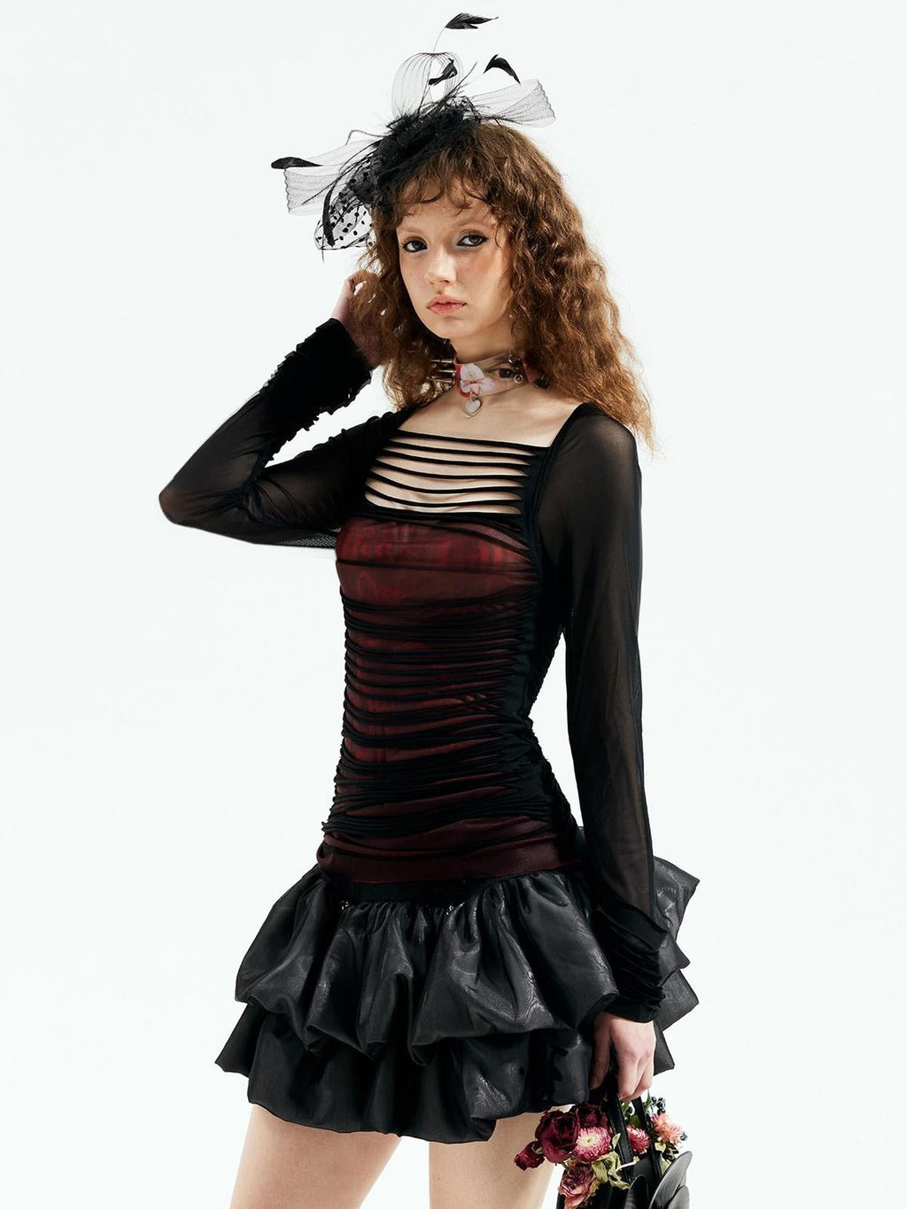 Black Witch Cutout Mesh Gothic Punk Women's Poly Spandex Long Sleeve T-shirts