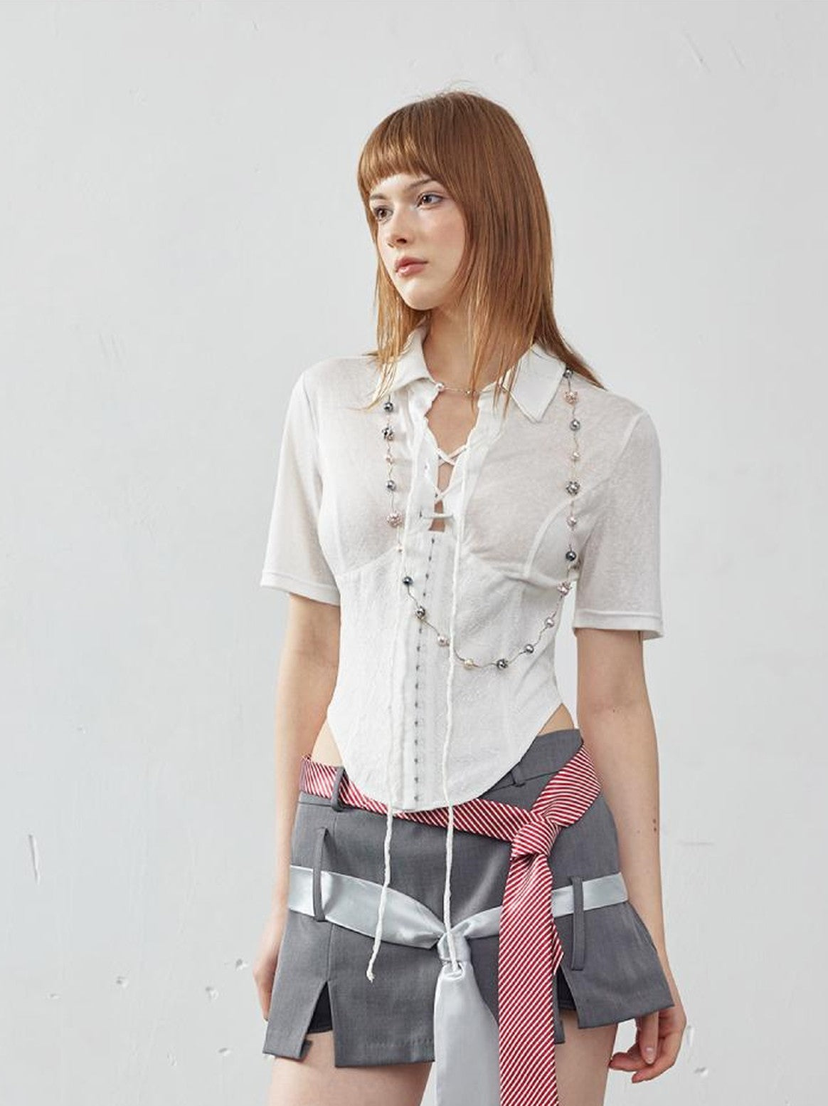 Elegant Herringbone Floral Tie Waist Slim Fit Women's Viscose Blend Blouses