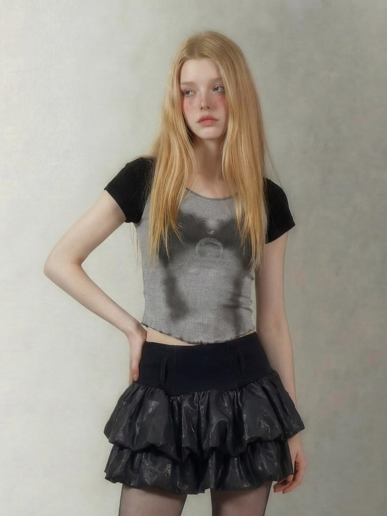 Gray Spliced Character Print Punk Women's Viscose Blend Crop Tops