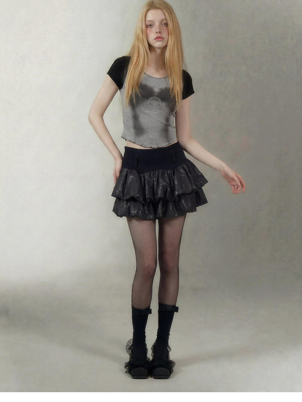 Gray Spliced Character Print Punk Women's Viscose Blend Crop Tops