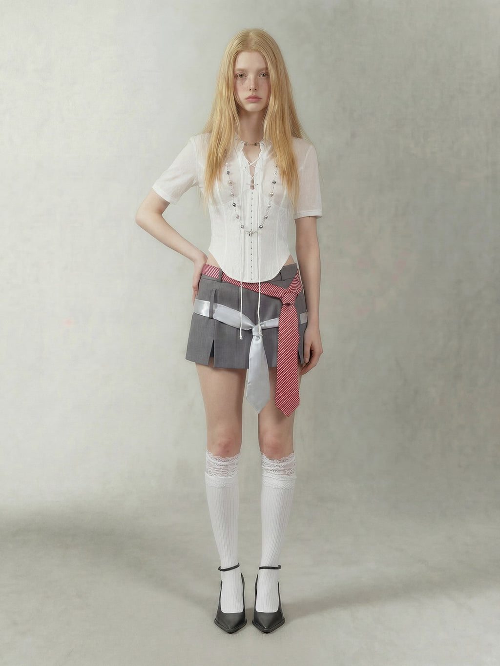 Gray Tie Detail A Line Side Zipper Mid Waist Women's Polyester Mini Skirts