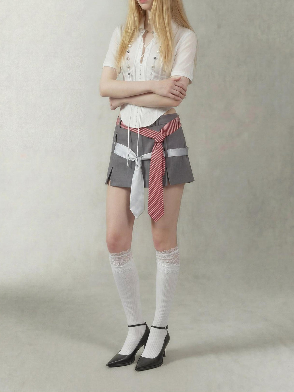 Gray Tie Detail A Line Side Zipper Mid Waist Women's Polyester Mini Skirts