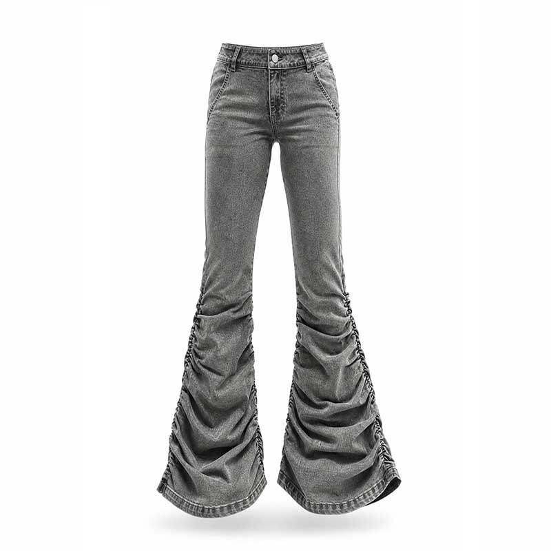 Gray Vintage Low Waist Ruched Women's Washed Denim Straight-leg Pants