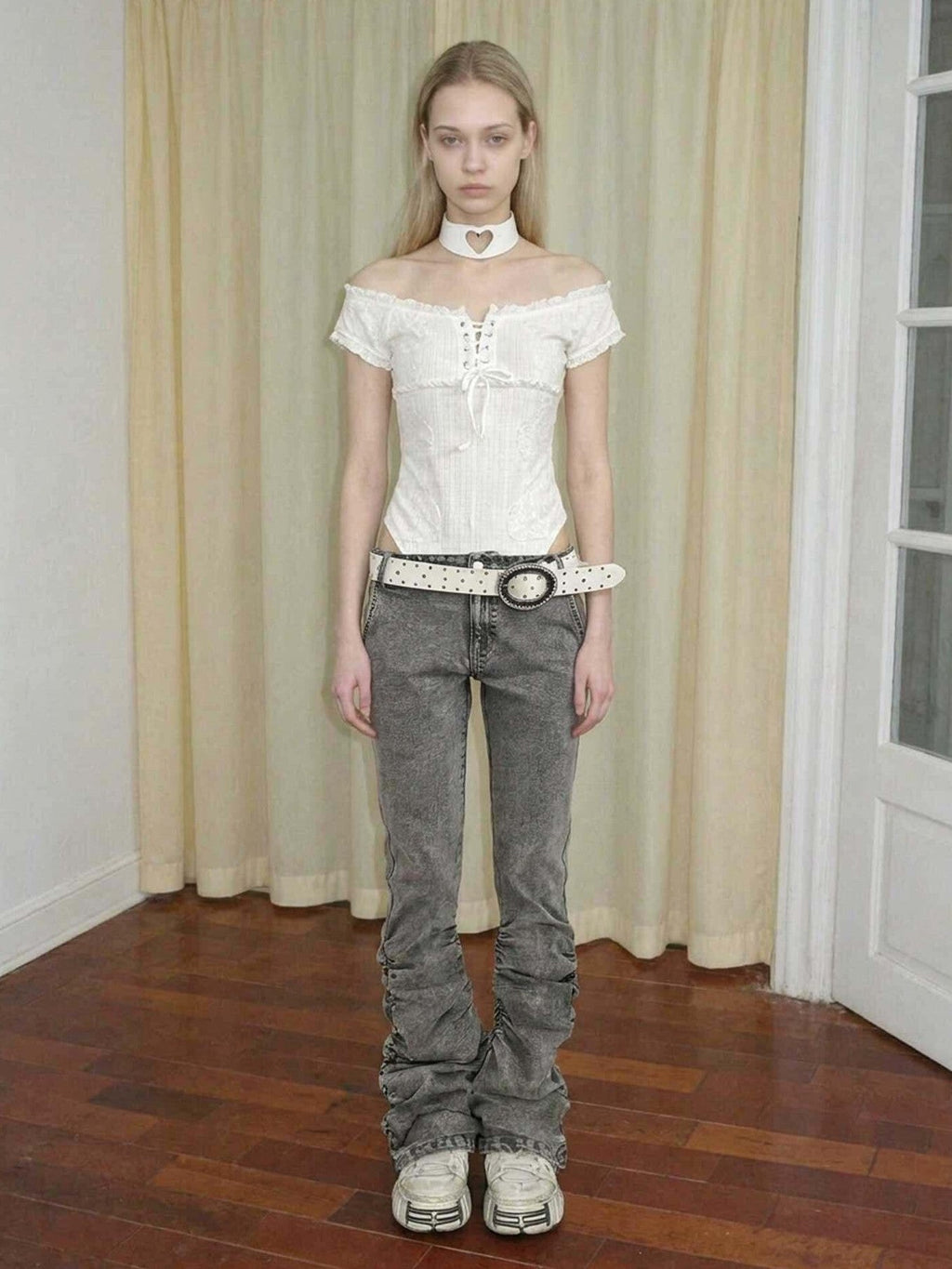 Gray Vintage Low Waist Ruched Women's Washed Denim Straight-leg Pants