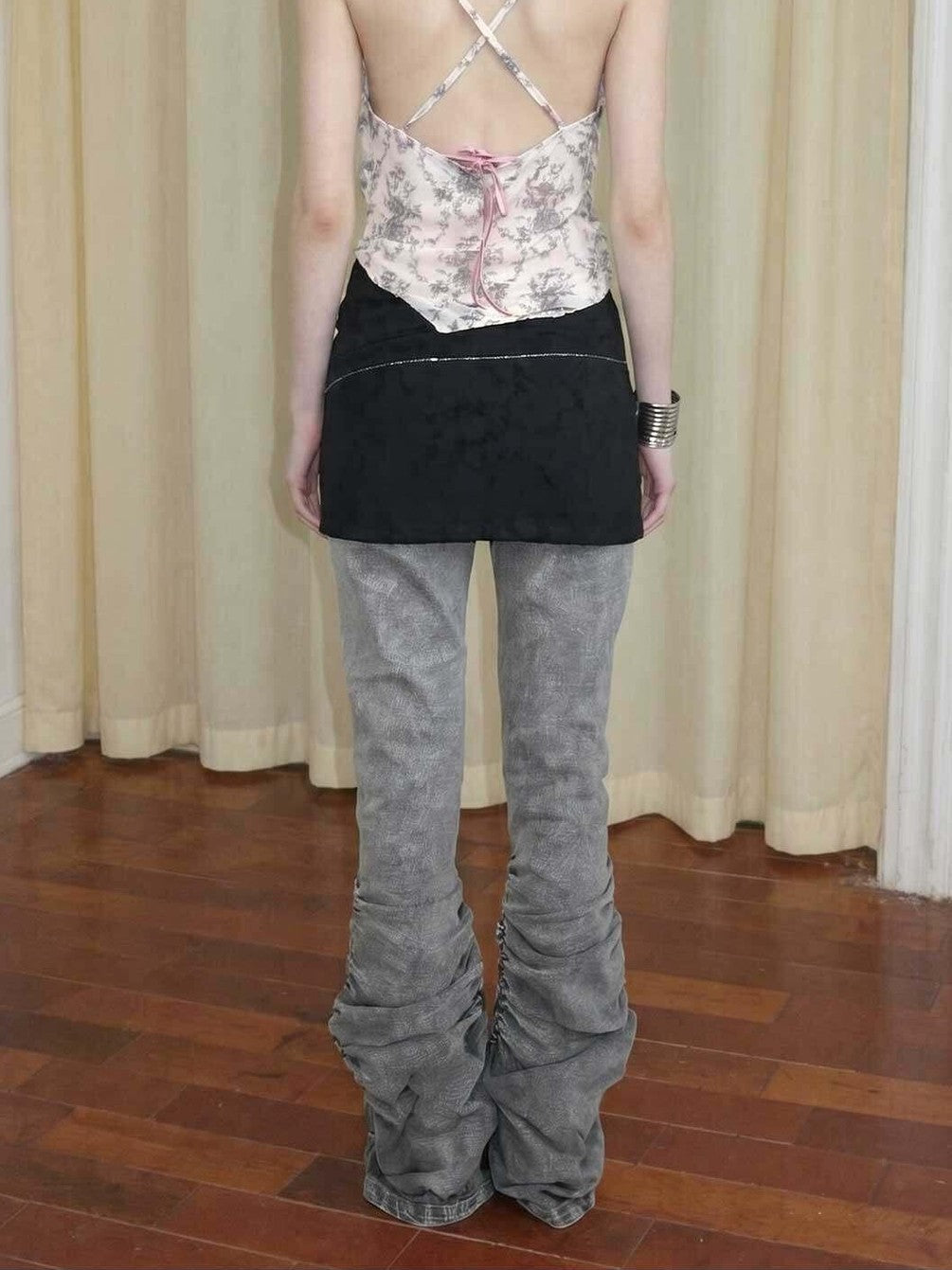 Gray Vintage Low Waist Ruched Women's Washed Denim Straight-leg Pants
