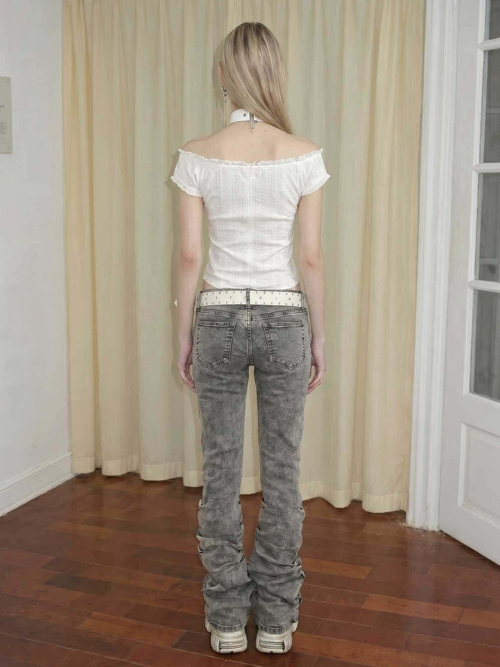 Gray Vintage Low Waist Ruched Women's Washed Denim Straight-leg Pants