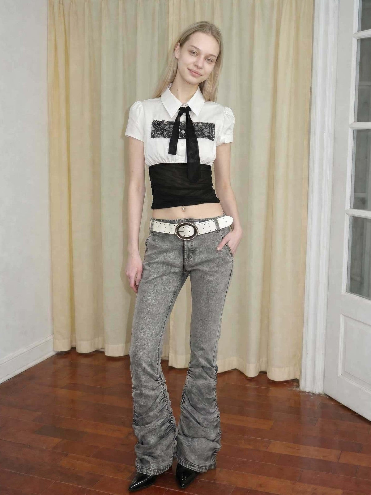 Gray Vintage Low Waist Ruched Women's Washed Denim Straight-leg Pants