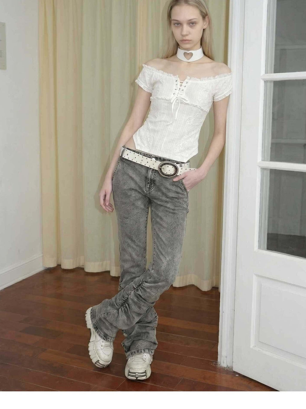 Gray Vintage Low Waist Ruched Women's Washed Denim Straight-leg Pants