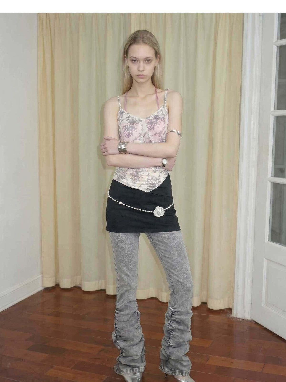 Gray Vintage Low Waist Ruched Women's Washed Denim Straight-leg Pants