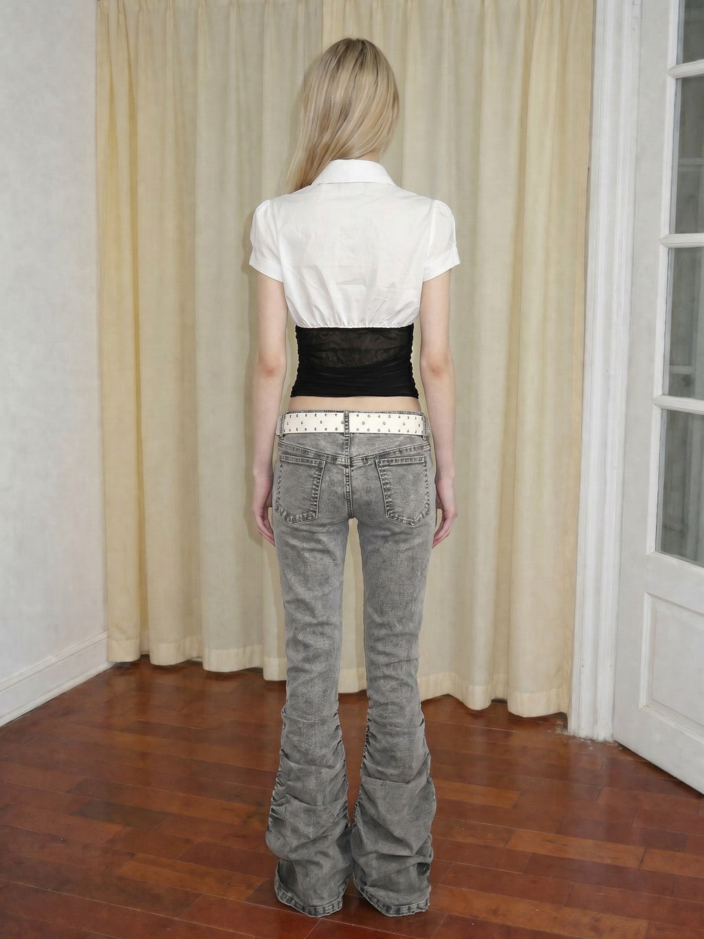 Gray Vintage Low Waist Ruched Women's Washed Denim Straight-leg Pants