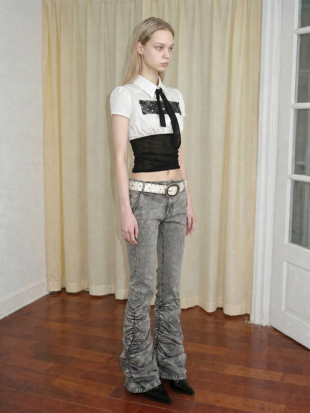 Gray Vintage Low Waist Ruched Women's Washed Denim Straight-leg Pants