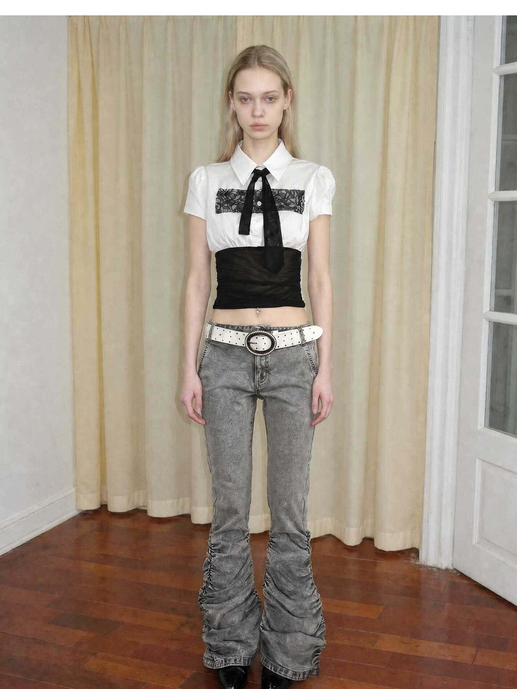 Gray Vintage Low Waist Ruched Women's Washed Denim Straight-leg Pants
