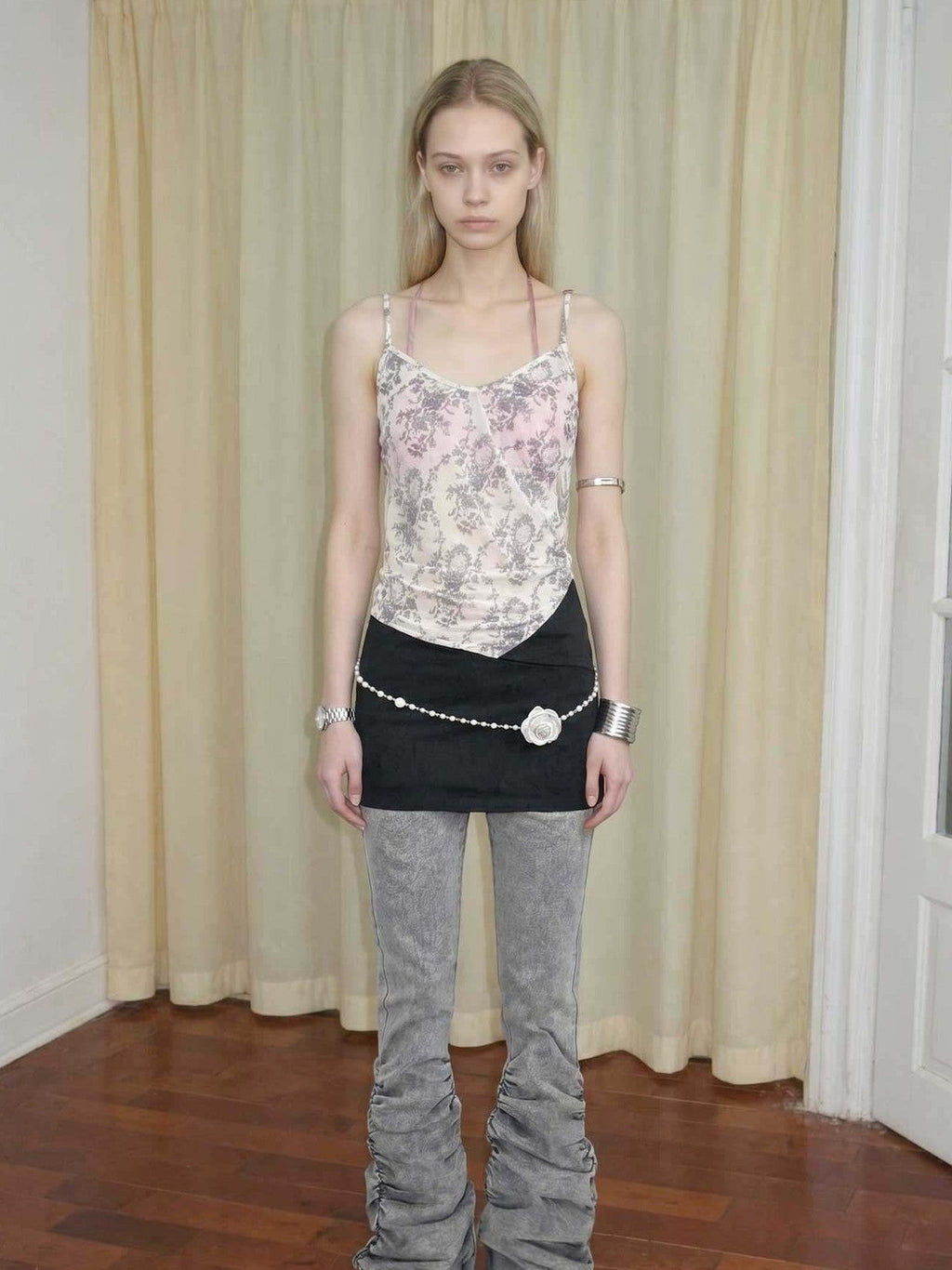 Gray Vintage Low Waist Ruched Women's Washed Denim Straight-leg Pants