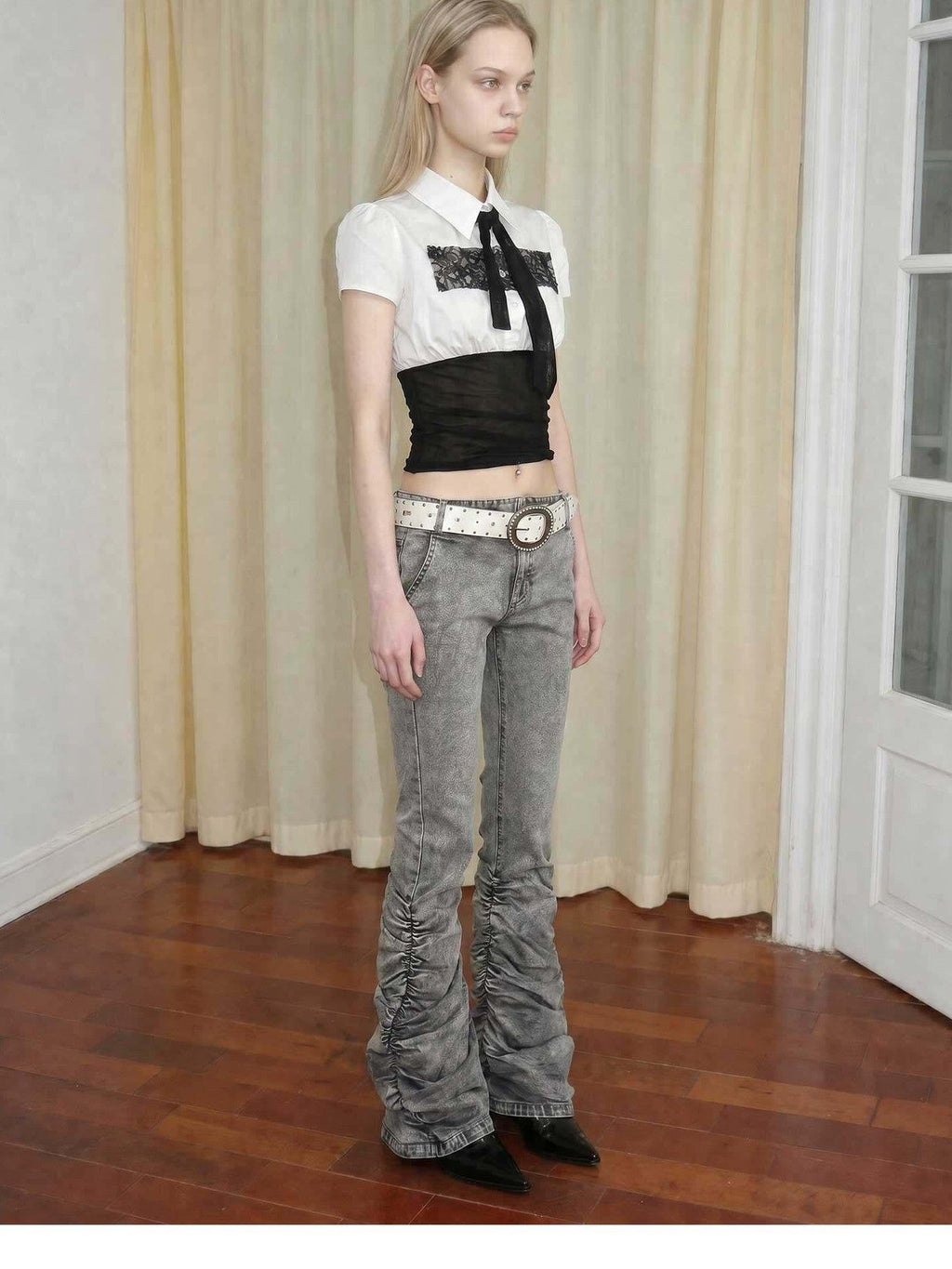 Gray Vintage Low Waist Ruched Women's Washed Denim Straight-leg Pants