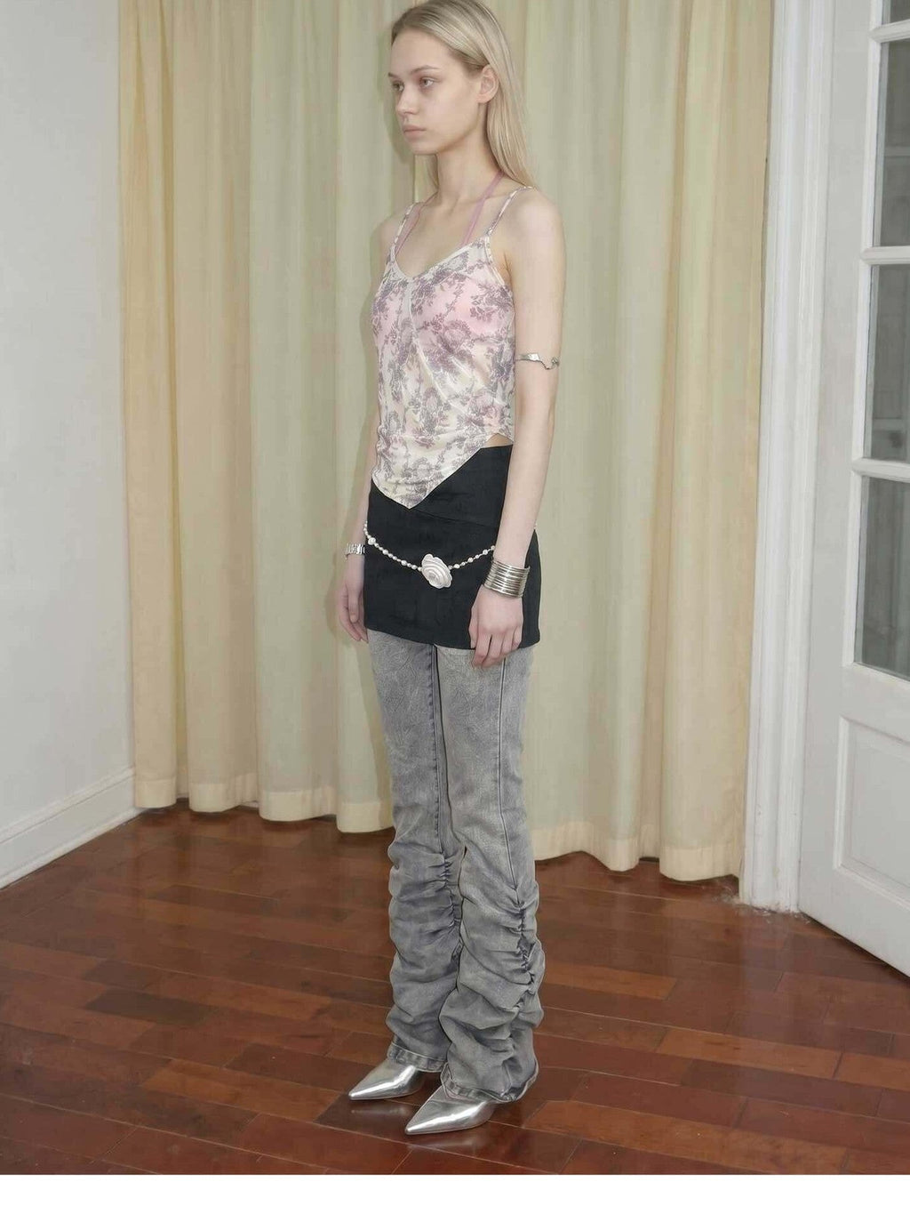 Gray Vintage Low Waist Ruched Women's Washed Denim Straight-leg Pants
