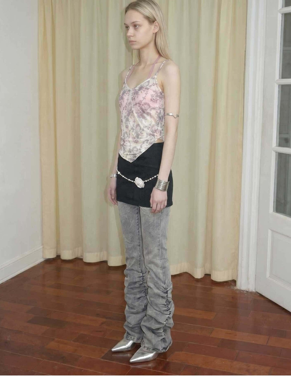 Gray Vintage Low Waist Ruched Women's Washed Denim Straight-leg Pants