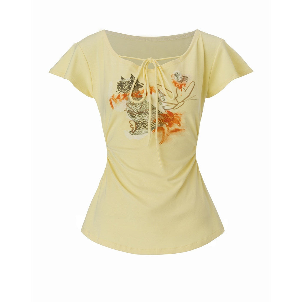 Lemon Yellow Butterfly Hand Drawn Women's Cotton Off-shoulder T-shirts