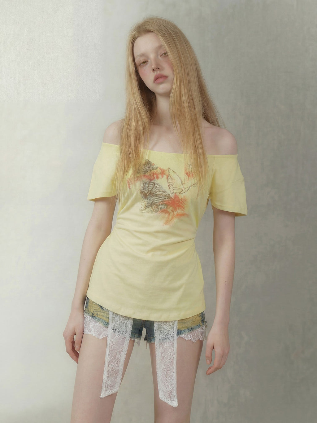 Lemon Yellow Butterfly Hand Drawn Women's Cotton Off-shoulder T-shirts