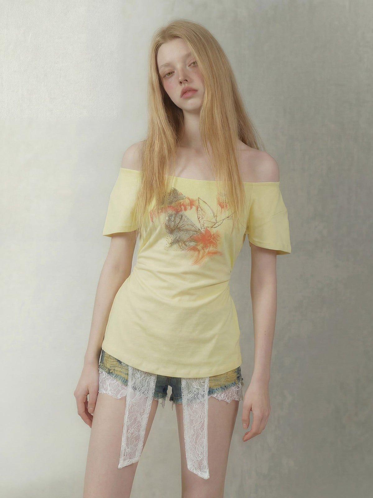 Lemon Yellow Butterfly Hand Drawn Women's Cotton Off-shoulder T-shirts