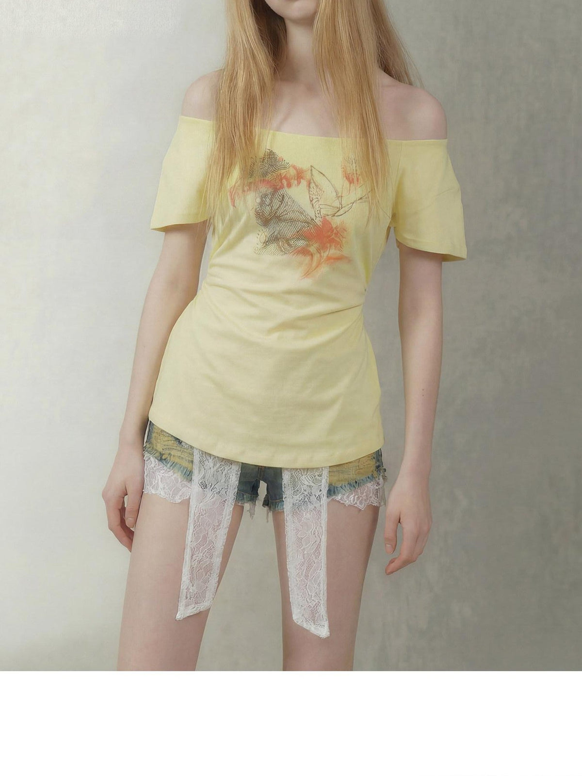 Lemon Yellow Butterfly Hand Drawn Women's Cotton Off-shoulder T-shirts