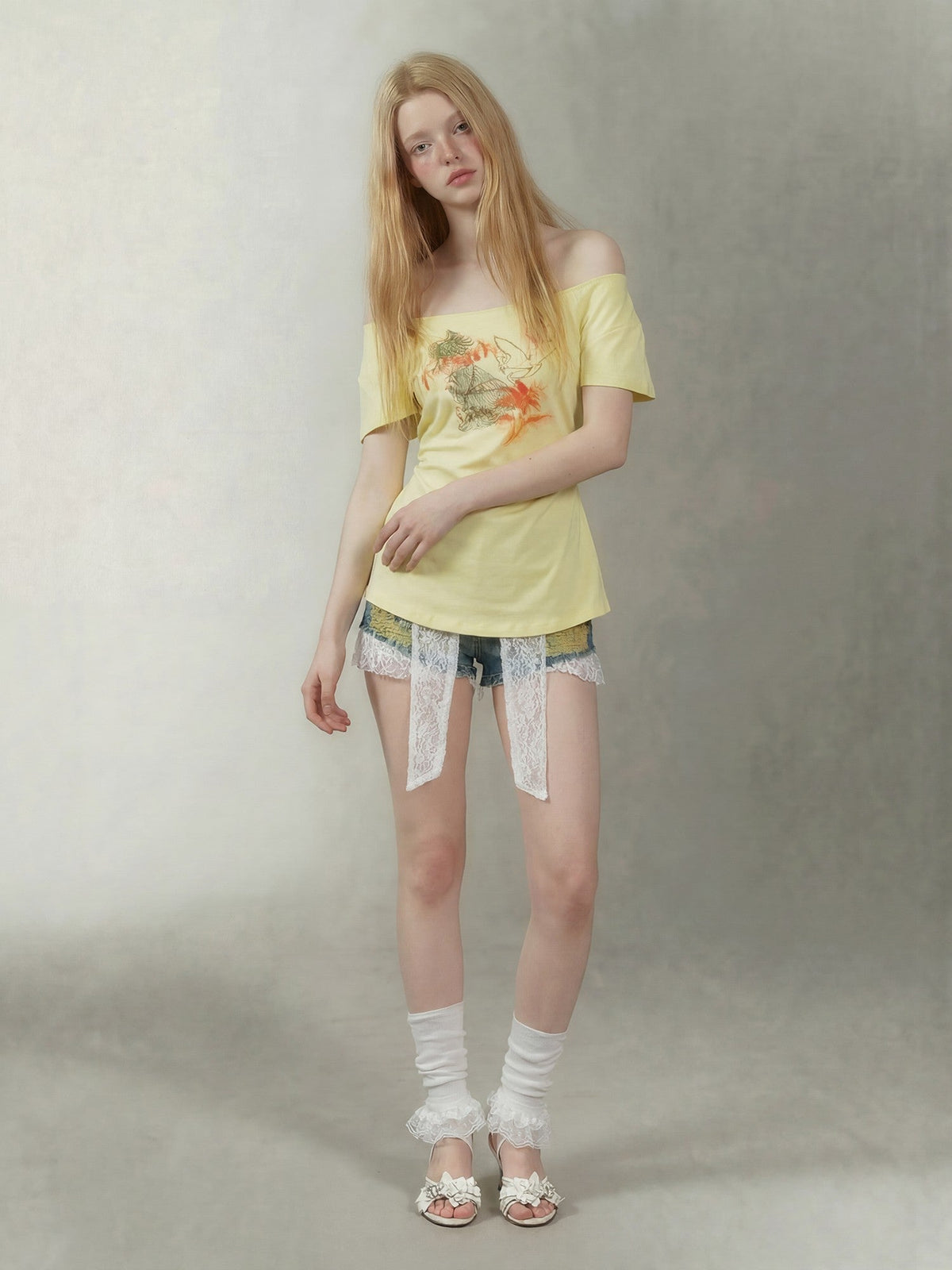 Lemon Yellow Butterfly Hand Drawn Women's Cotton Off-shoulder T-shirts