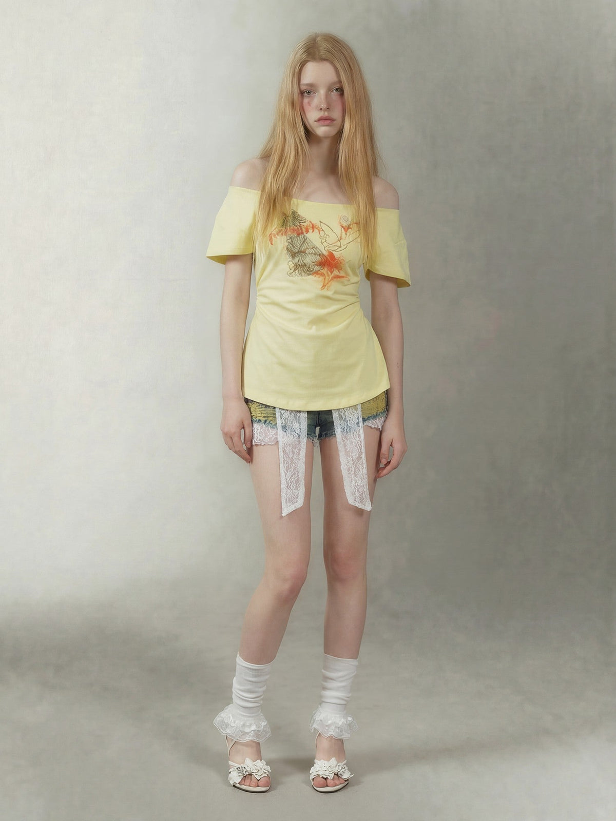 Lemon Yellow Butterfly Hand Drawn Women's Cotton Off-shoulder T-shirts