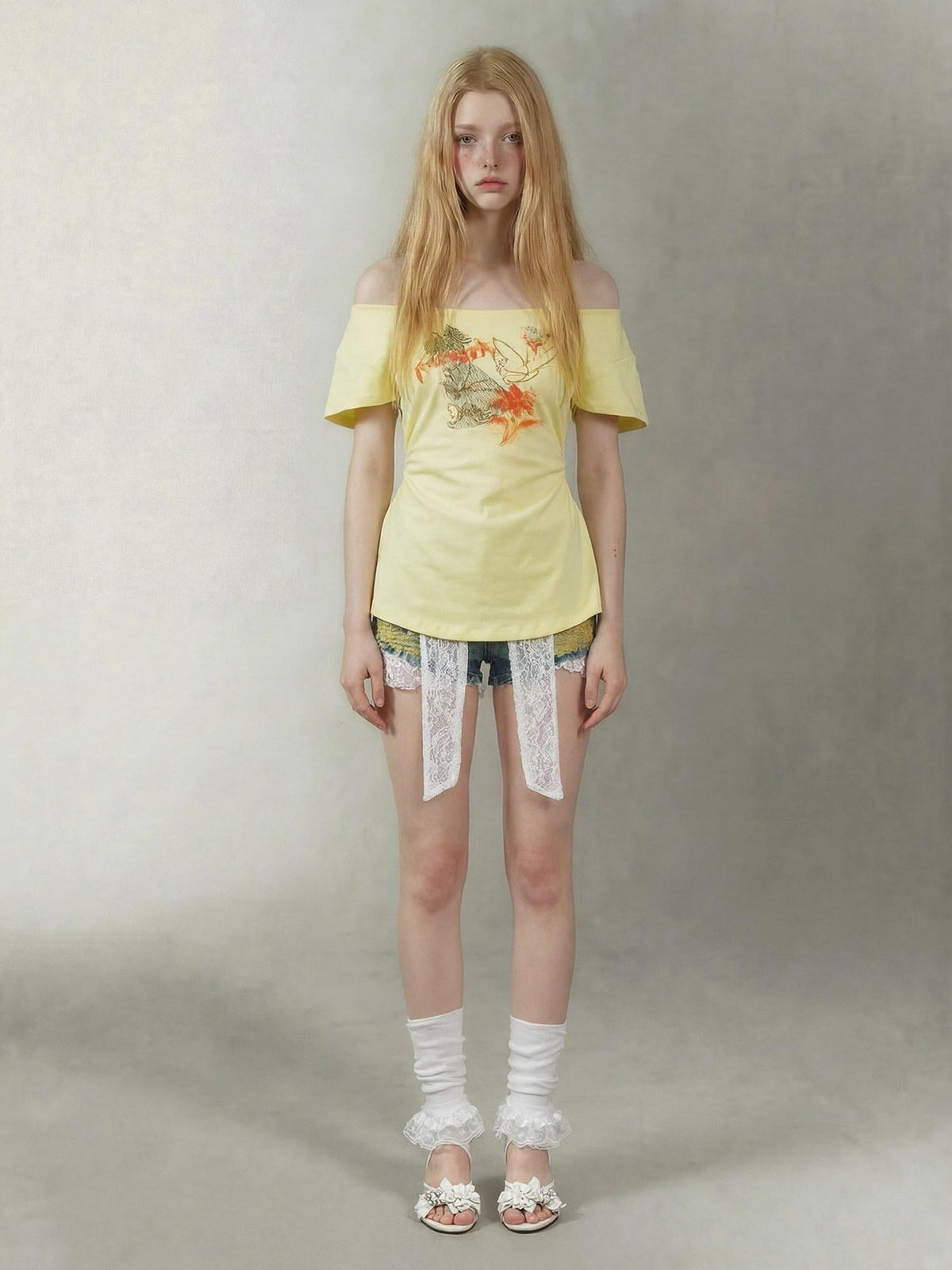 Lemon Yellow Butterfly Hand Drawn Women's Cotton Off-shoulder T-shirts