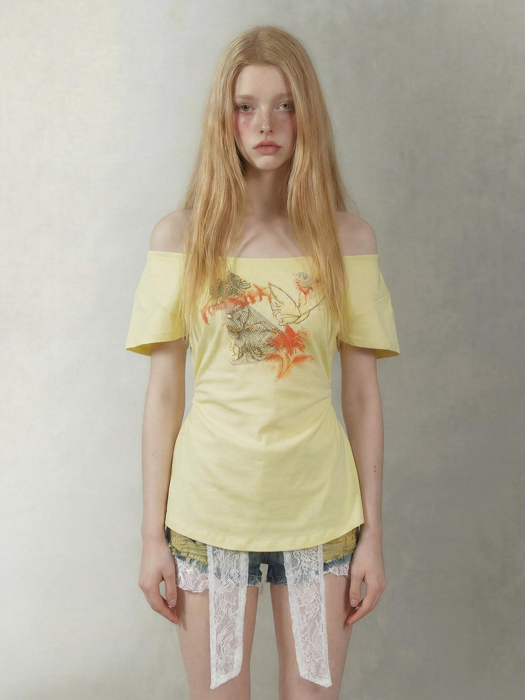 Lemon Yellow Butterfly Hand Drawn Women's Cotton Off-shoulder T-shirts
