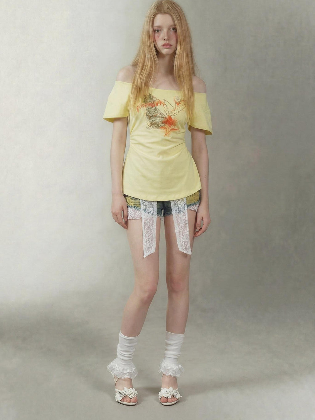 Lemon Yellow Butterfly Hand Drawn Women's Cotton Off-shoulder T-shirts
