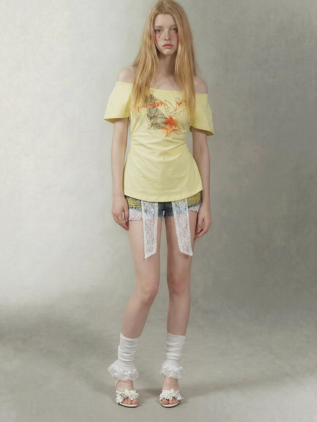 Lemon Yellow Butterfly Hand Drawn Women's Cotton Off-shoulder T-shirts