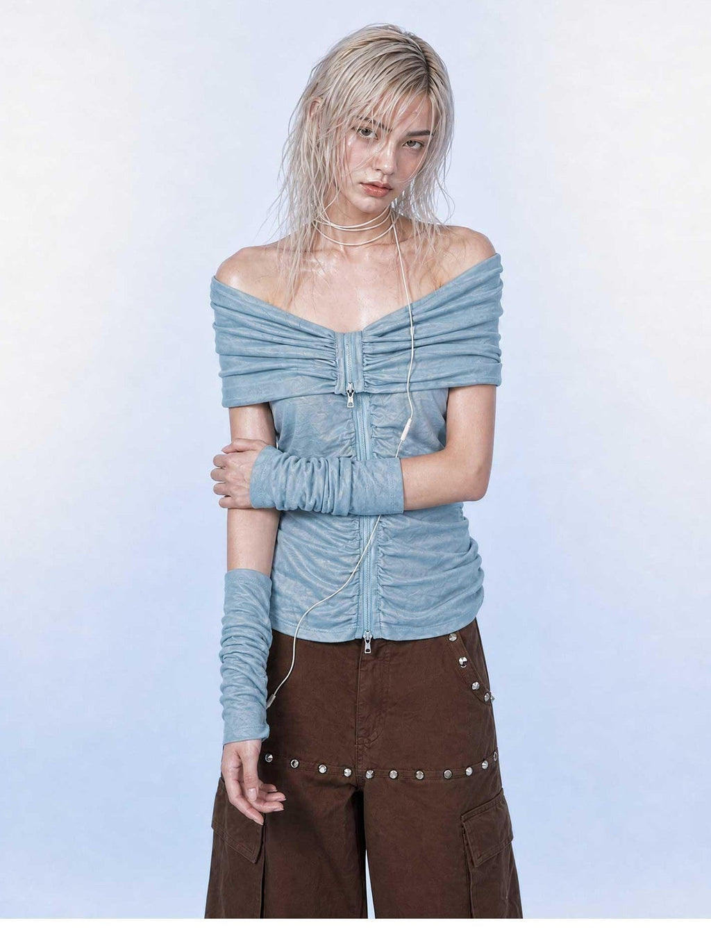 Light Blue Ruched V-neck Zipper Long Sleeve Women's Cotton Off-shoulder T-shirts