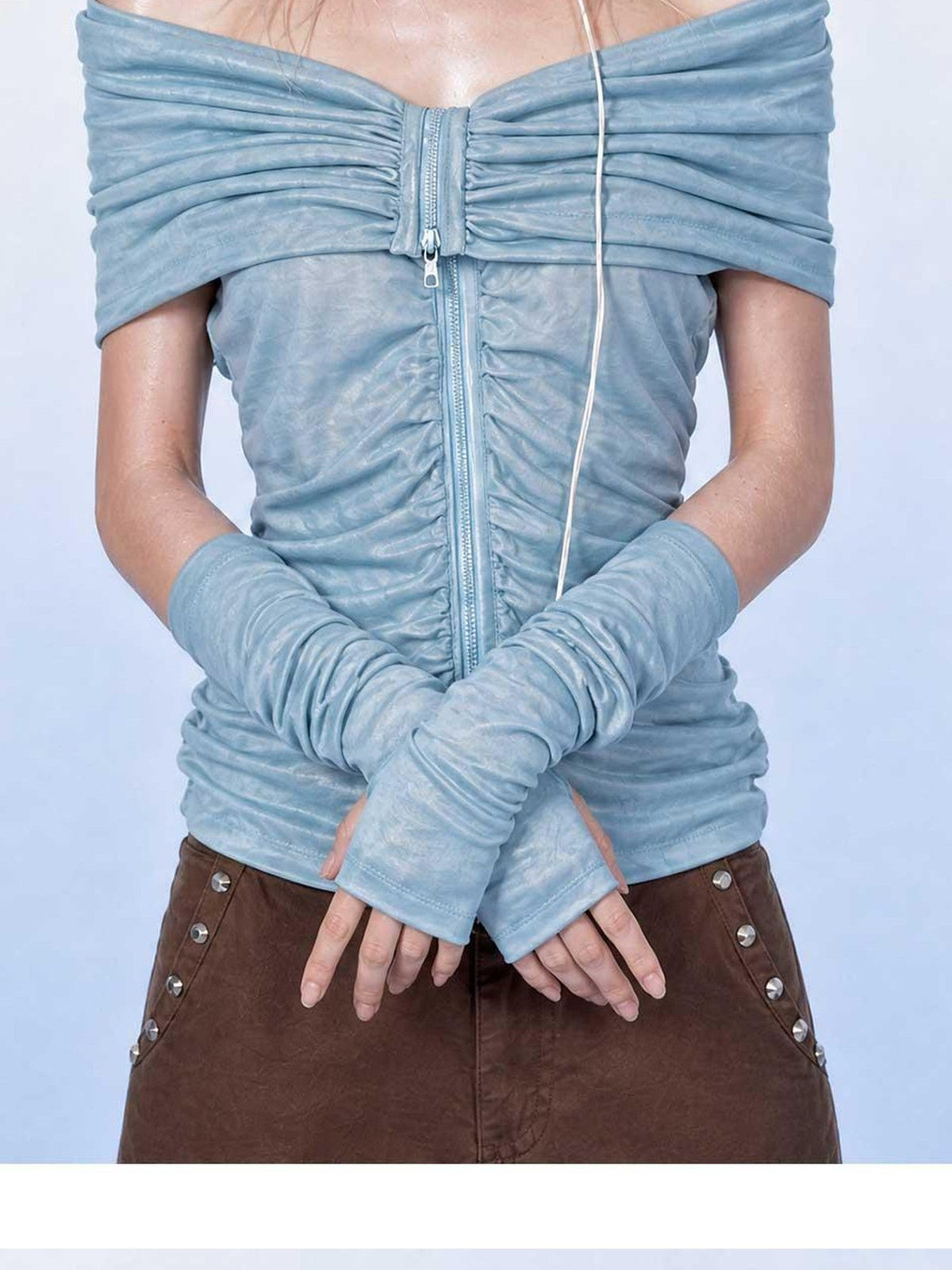 Light Blue Ruched V-neck Zipper Long Sleeve Women's Cotton Off-shoulder T-shirts