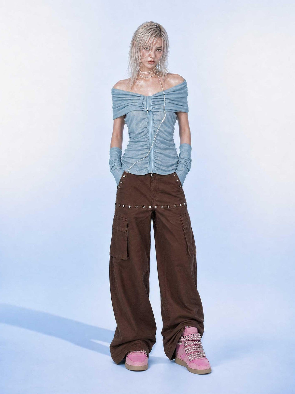 Light Blue Ruched V-neck Zipper Long Sleeve Women's Cotton Off-shoulder T-shirts